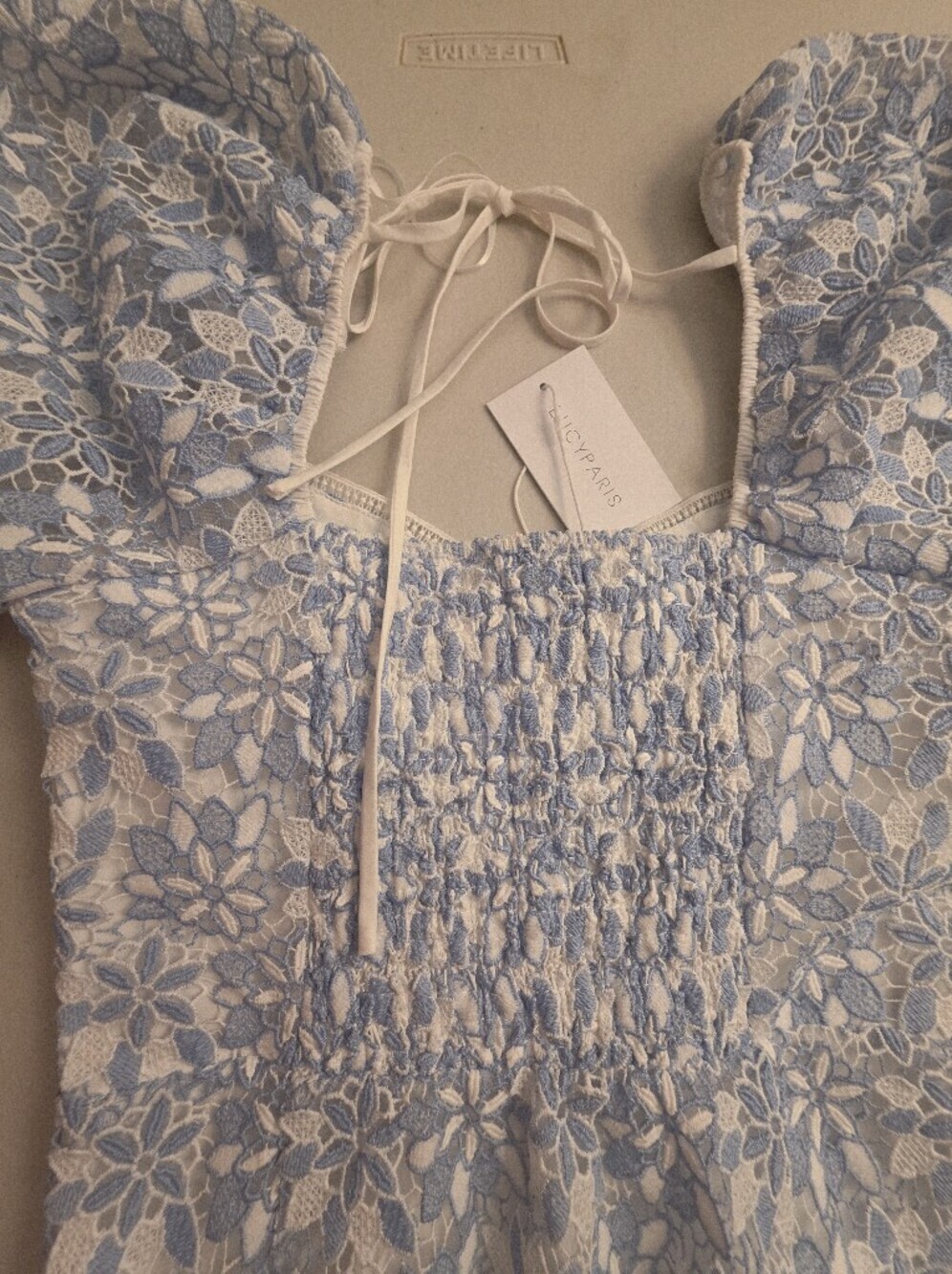 Lucy Paris Light Blue Lace Puff-Sleeve Mini Dress - Picture 11 of 12